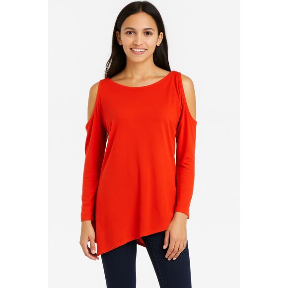 Old Navy Women’s Orange Cold Shoulder Tunic Top Size Small Petite 100% Rayon - Picture 1 of 4